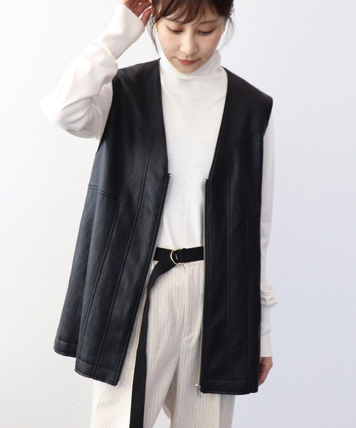 ジレ　ベスト　フェイク　レザー　ブラック Jines（ジネス） ベスト ジレ フェイクレザー切替ベスト レディース
