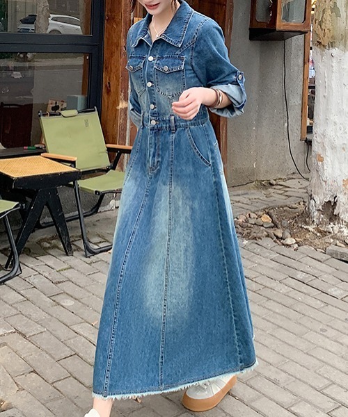 Diosfront ワンピース 裾フリンジ加工Aラインデニムワンピース