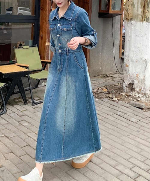 Diosfront ワンピース 裾フリンジ加工Aラインデニムワンピース