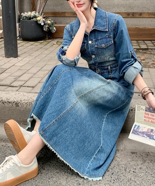 Diosfront ワンピース 裾フリンジ加工Aラインデニムワンピース