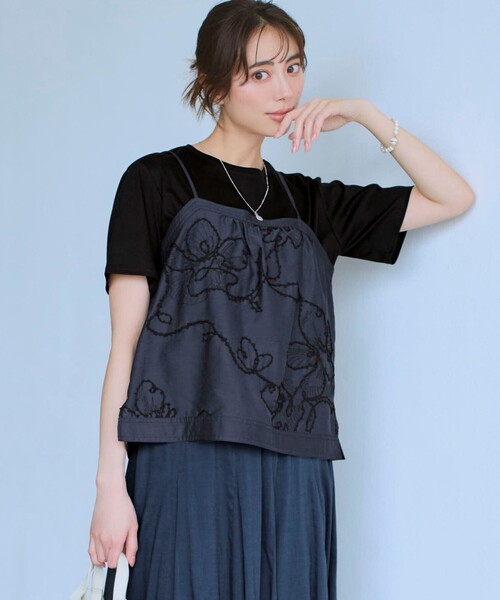 tシャツ シアーエンブロイダリー キャミソール コンビ Tシャツ レディースの画像
