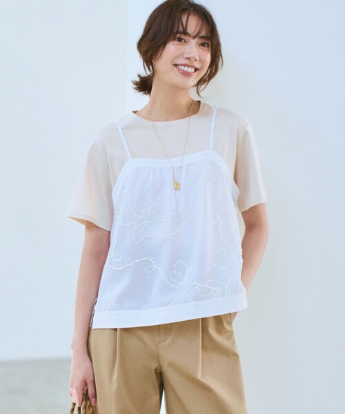 tシャツ シアーエンブロイダリー キャミソール コンビ Tシャツ レディースの画像