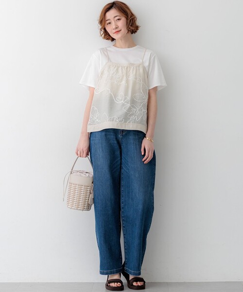 tシャツ シアーエンブロイダリー キャミソール コンビ Tシャツ レディースの画像