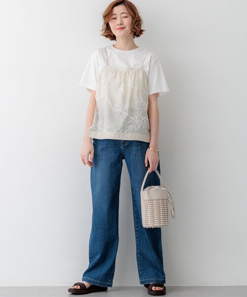 tシャツ シアーエンブロイダリー キャミソール コンビ Tシャツ レディースの画像