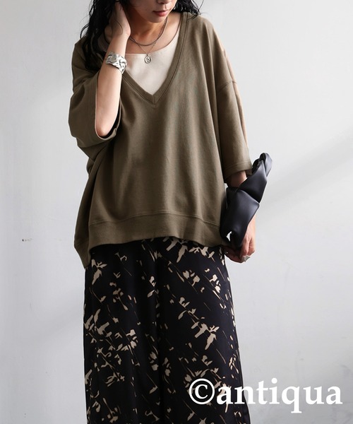 【お買得】 antiqua Vネック裏毛半袖トレーナー スウェット トレーナー トップス