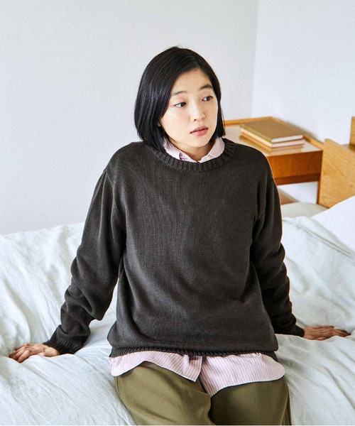 ニット セーター ＴＨＲＥＥ　ＦＩＦＴＹ　ＳＴＡＮＤＡＲＤ　ふんわり無撚糸のコットンセーター「ダークブラウン」 レディース THREE FIFTY STANDARD ニット セーター THREE FIFTY
