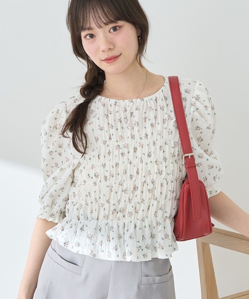 earth music&ecology tシャツ 花柄ポコポコシャーリングトップス