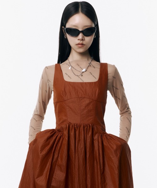 ☆ミルクフェド☆超美品☆ギャザー袖涼感レーヨンフレアロングワンピ紺☆ ☆ミルクフェド☆超美品☆ギャザー袖涼感レーヨンフレアロング