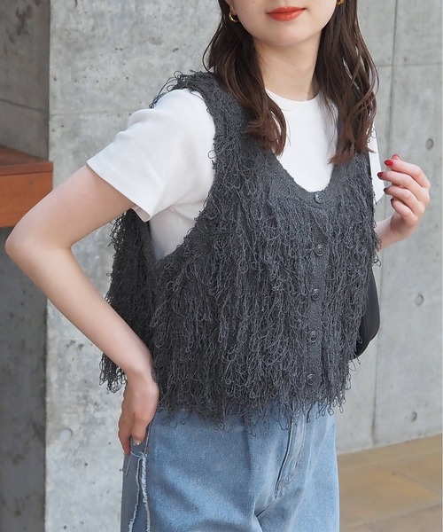 ベスト ジレ ループフリンジニットノースリーブベスト レディース raffime ベスト ジレ ループフリンジニットベスト レディース