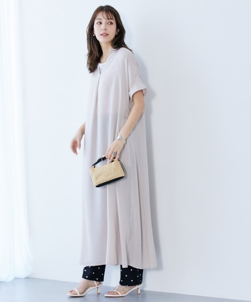 slattgir ワンピース 高身長 麻調スキッパーデザインロング