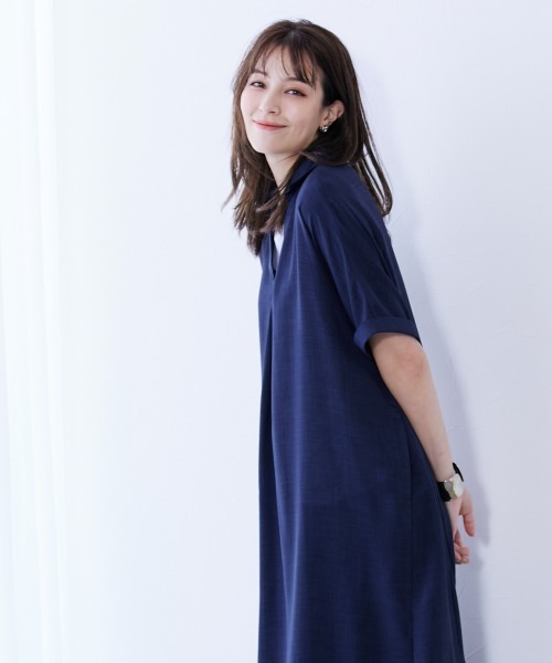 slattgir ワンピース 高身長 麻調スキッパーデザインロング