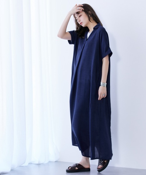 名作★mintdesigns★SWATOW DRESS★リネン ロングワンピース slattgir ワンピース 高身長 麻調スキッパーデザインロング