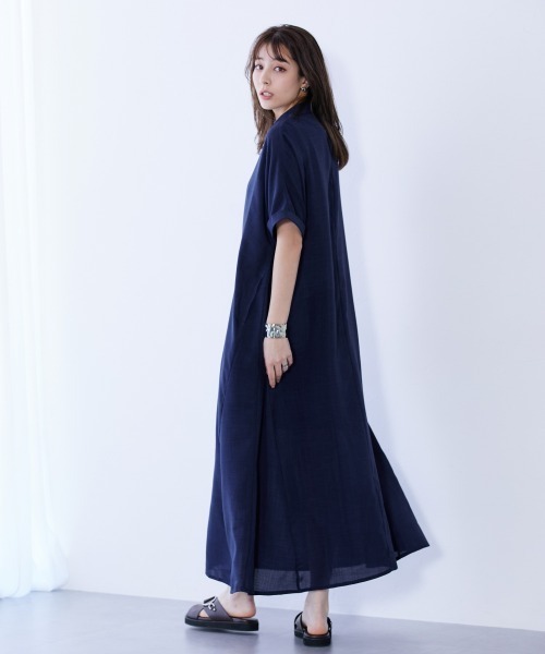 slattgir ワンピース 高身長 麻調スキッパーデザインロング