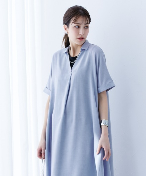 slattgir ワンピース 高身長 麻調スキッパーデザインロング