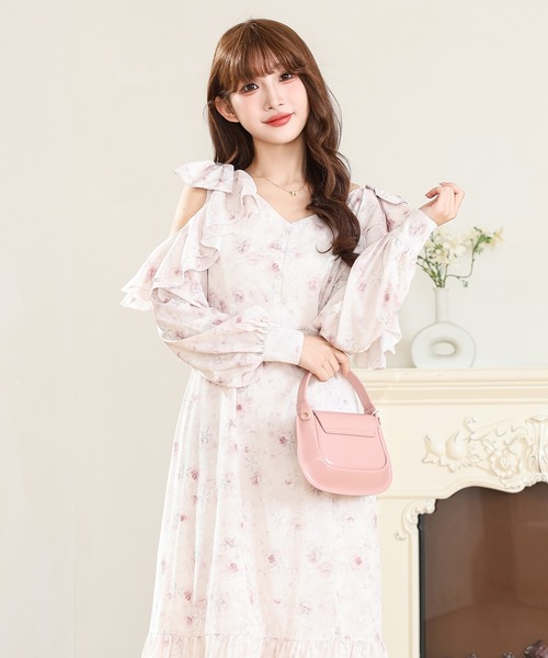 Anely ワンピース 花柄 フリル オープンスリーブ ティアード ロング