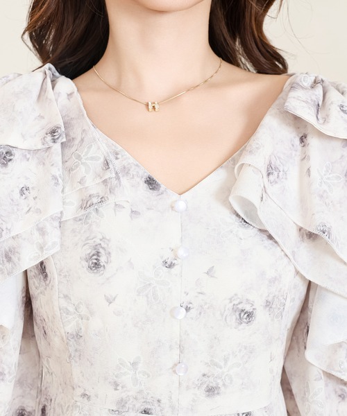 Anely ワンピース 花柄 フリル オープンスリーブ ティアード ロング