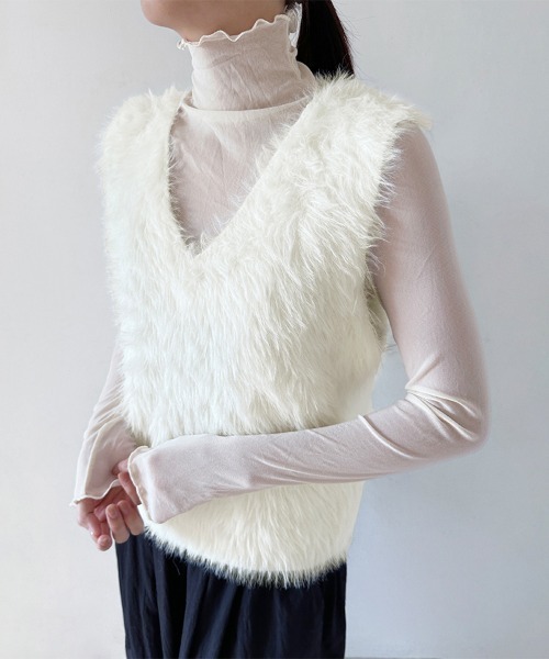 ベスト ジレ フェイクファー素材ノーカラーベスト レディース