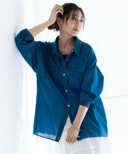 UNDOVE ブラウス シャツ 綿100％リブ使いシアーデニムシャツ 「夏