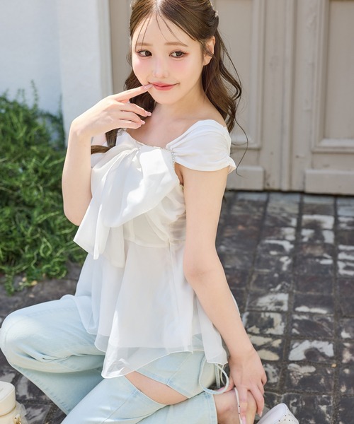 タンクトップ ノースリーブ フロントリボンチュニック レディースの画像