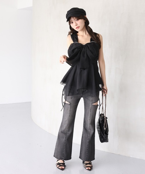 【オシャレ☆Spick&amp;Span】黒　リボン　チュニック 肩リボンバルーンチュニック/MAJESTIC LEGON(マジェスティックレゴン