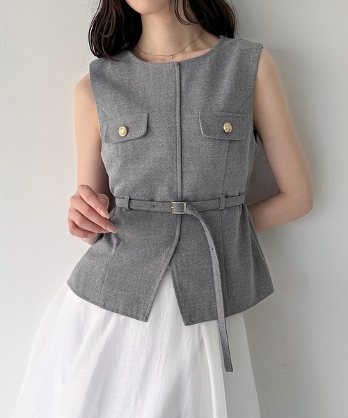新品✨️FOXEY ロングベスト ジレ ウエストベルト付き グレー F JUNOAH（ジュノア） ベスト ジレ ベルト付きツイードジレ風トップス