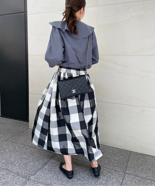 StyleSea スカート チェックロングギャザーフレアスカート