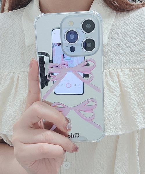 Lace Ladies（レースレディース） スマホケース ピンク リボン ミラー