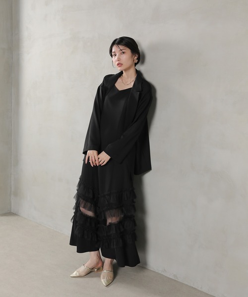 韓国 2点セット フリル キャミ ワンピースドレス レースカーデ Kana ドレス 裾フリルキャミワンピース オーバーサイズ