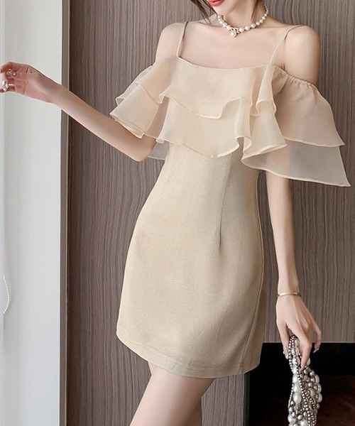 ★全２色★ワンショルダー パーティードレス ワンピース フリル 2WAY one shoulder dress with frill / フリル付き2WAYワン