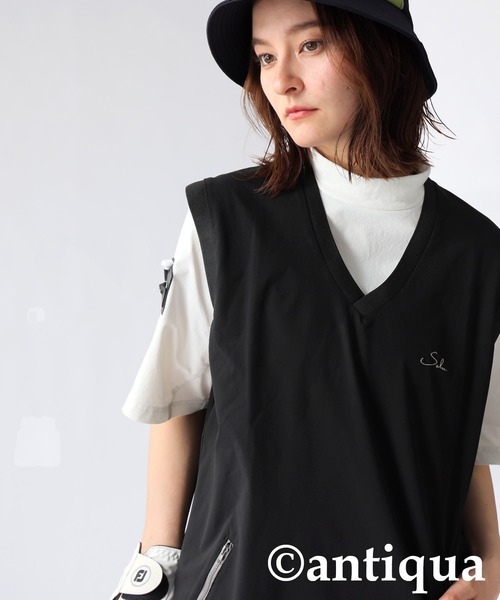 antiqua ベスト ジレ ロゴ刺繍Vネックベスト レディース メンズ