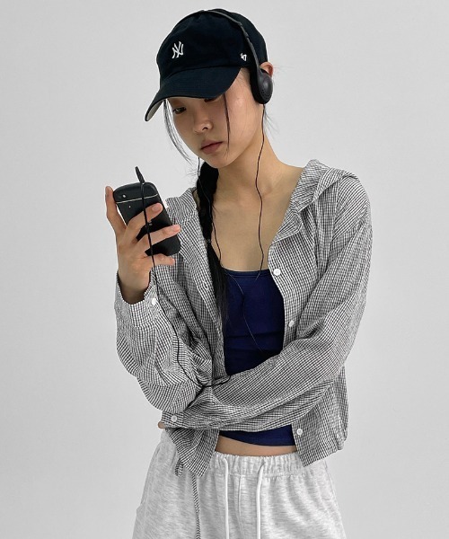 ブラウス シャツ 「MADE」 キーセンチェックサマークロップフードシャツ レディース