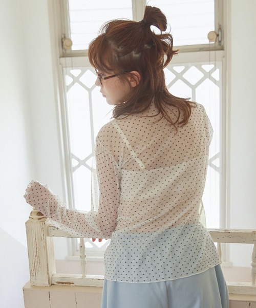 HERMES ドット柄 長袖トップス42 Unblend tシャツ 「Unblend」ドット柄シアー長袖トップス レディース