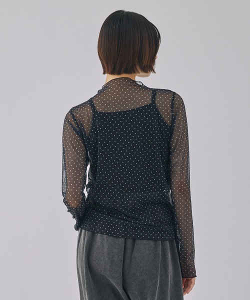 慈雨ドット柄のショート丈トップス Unblend tシャツ 「Unblend」ドット柄シアー長袖トップス レディース