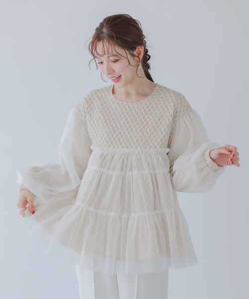 Fit more（フィットモア） ジャガード切替チュールトップス レディース 