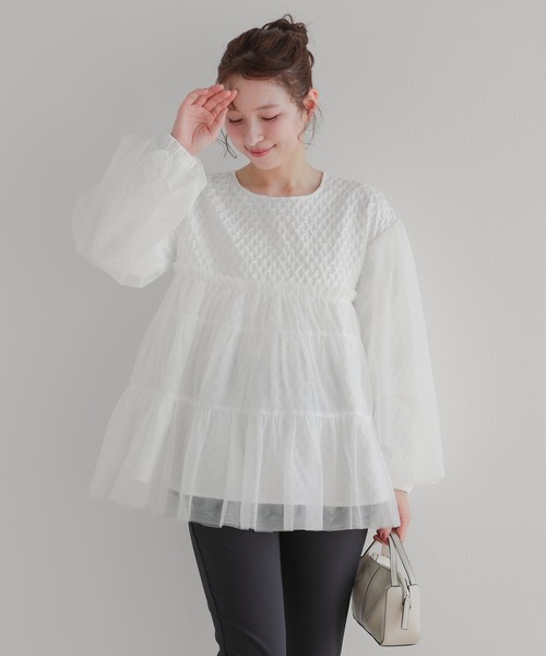Fit more（フィットモア） ジャガード切替チュールトップス レディース 