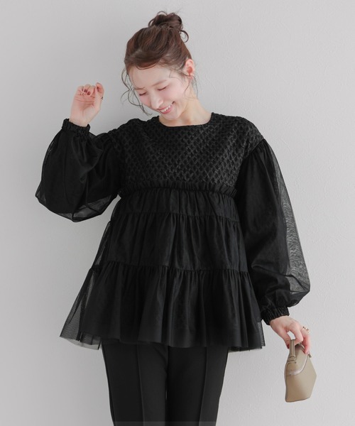 Fit more（フィットモア） ジャガード切替チュールトップス レディース 