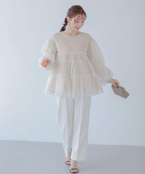 ポミー　トップス　ホワイト　チュール Fit more（フィットモア） ジャガード切替チュールトップス レディース