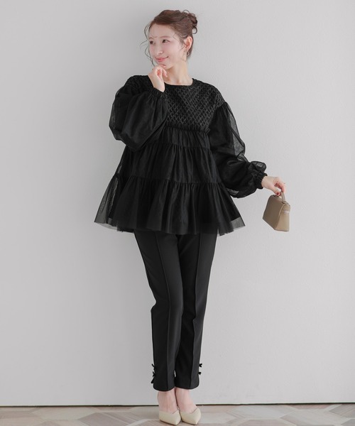 Fit more（フィットモア） ジャガード切替チュールトップス レディース 