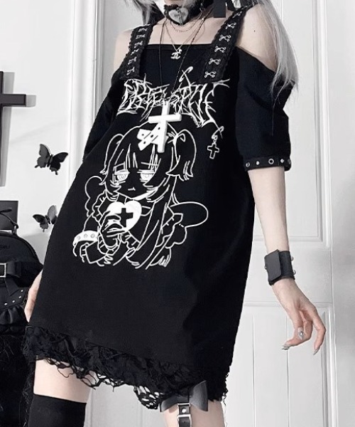 tシャツ A'GEM/9 × .kom 「TricuspidC/トライカスピッドシー」 †メンヘラエンジェルサスペンダー半袖Tシャツ† レディース
