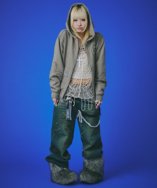 美品【GALFY】百合の紋紋パーカー /【ガルフィー】ロゴダブルジップパーカー GALFY（ガルフィー） パーカー 「GALFY」百合の紋紋パーカー