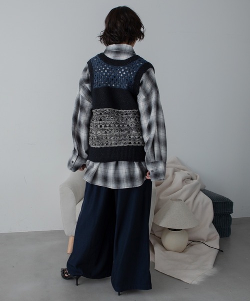 ベスト ジレ メッシュ編みミックス配色ニットベスト レディース