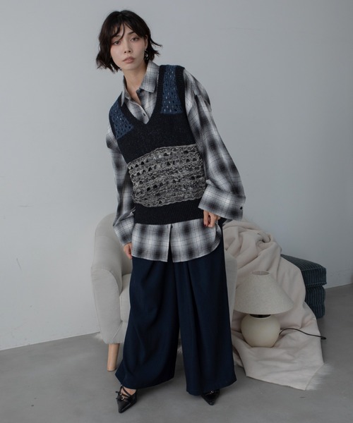 ベスト ジレ メッシュ編みミックス配色ニットベスト レディース