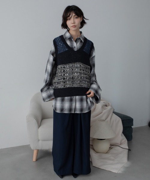 ベスト ジレ メッシュ編みミックス配色ニットベスト レディース