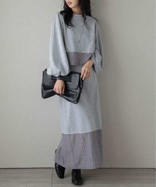 美品✨大きいサイズ【23区】シルク混 グレー系 レディース セットアップ 42 セットアップ シアーレースドッキングセットアップ レディース