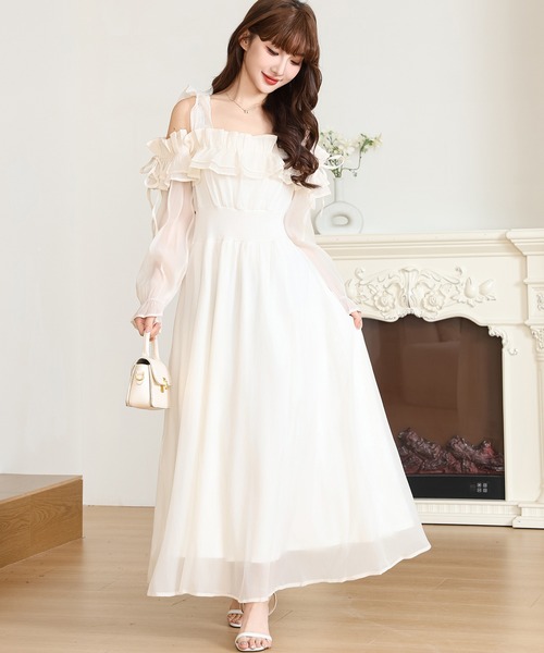 Anely ワンピース オフショル シフォン フリル ロング ワンピース