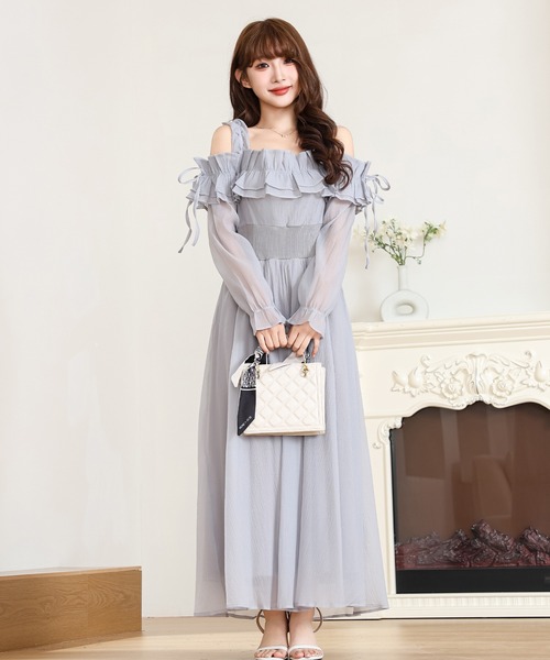 Anely ワンピース オフショル シフォン フリル ロング ワンピース