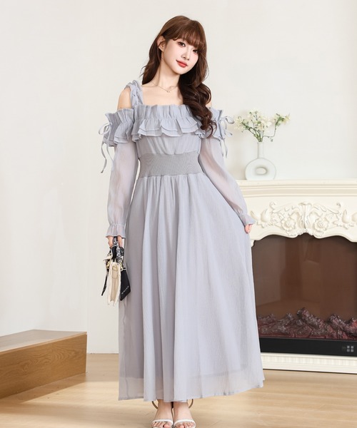 Anely ワンピース オフショル シフォン フリル ロング ワンピース