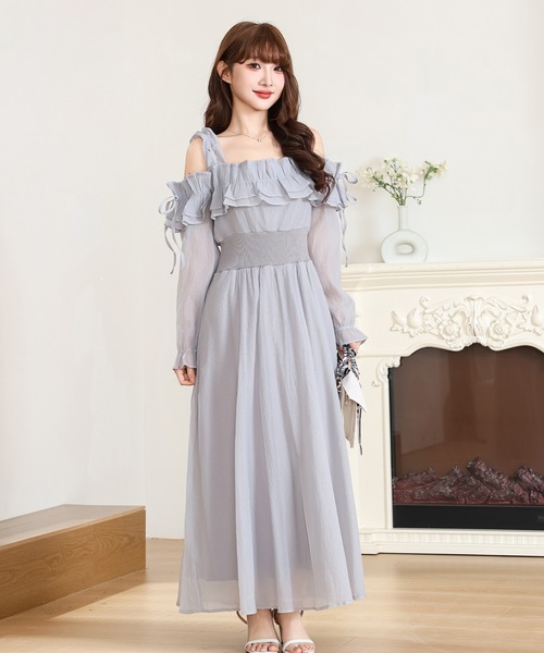 Anely ワンピース オフショル シフォン フリル ロング ワンピース