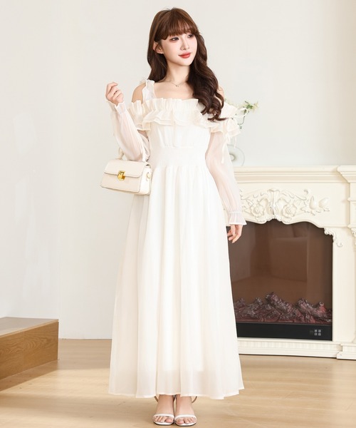 Anely ワンピース オフショル シフォン フリル ロング ワンピース