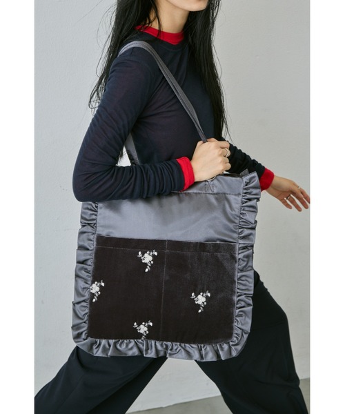 un/neu トートバッグ 刺繍ベロアフリル2ポケットトート / A4、14